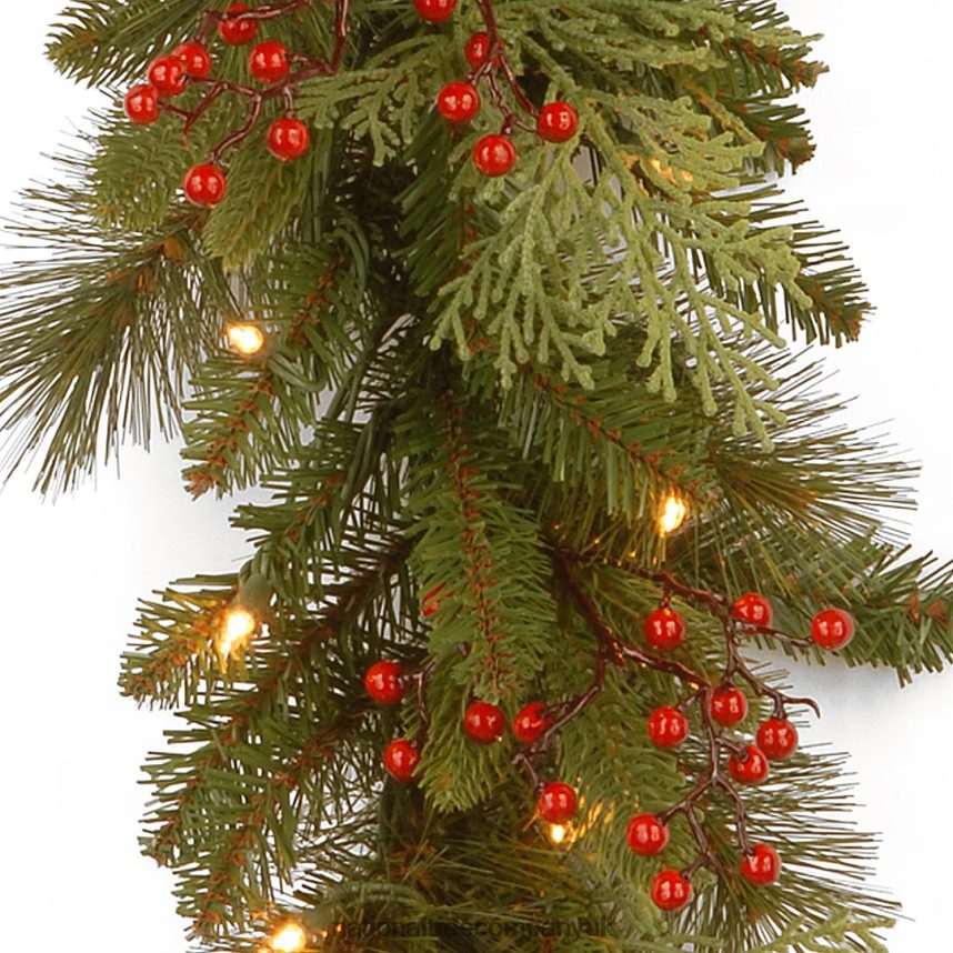 Greenery | National Tree Company Pre-Lit \Feel Real\ Artificial Christmas Garland Green Classical White Lights Decorated With Berry Clusters Plug In Christmas Collection 9 Feet F2L4F328